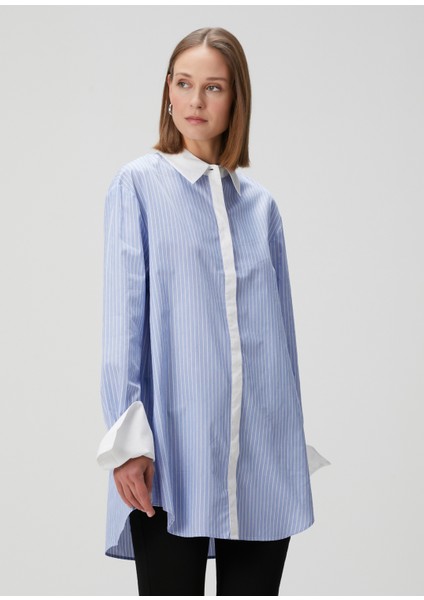 Mavi Beyaz Manşet Detaylı Organik Pamuk Gömlek modelleri
