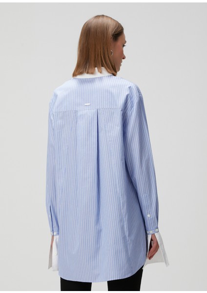 Mavi Beyaz Manşet Detaylı Organik Pamuk Gömlek fırsatları