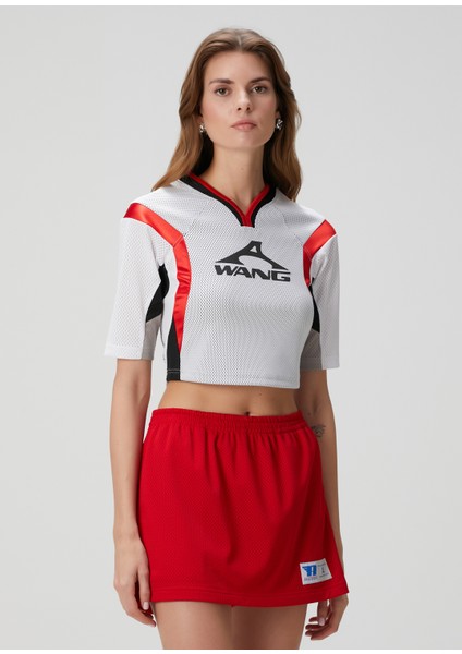 Kırmızı Beyaz Logolu Crop Bluz