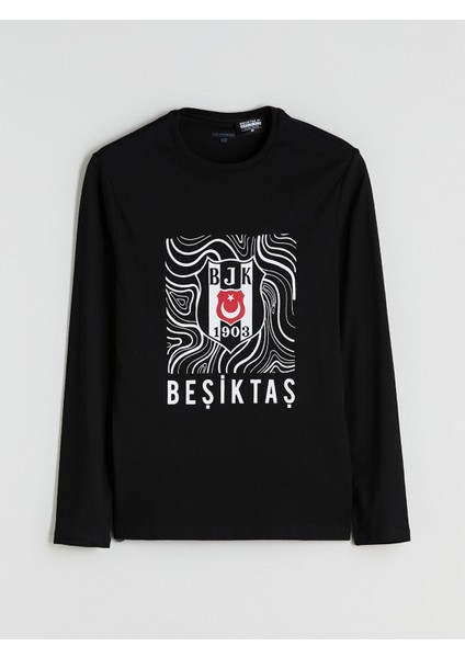 Yeni Sezon Bisiklet Yaka Uzun Kollu Beşiktaş Baskılı Erkek Pijama Üst