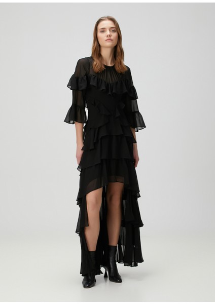 Nat Siyah Fırfırlı Elbise modelleri