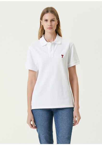 Beyaz Polo Yaka Logolu T-Shirt