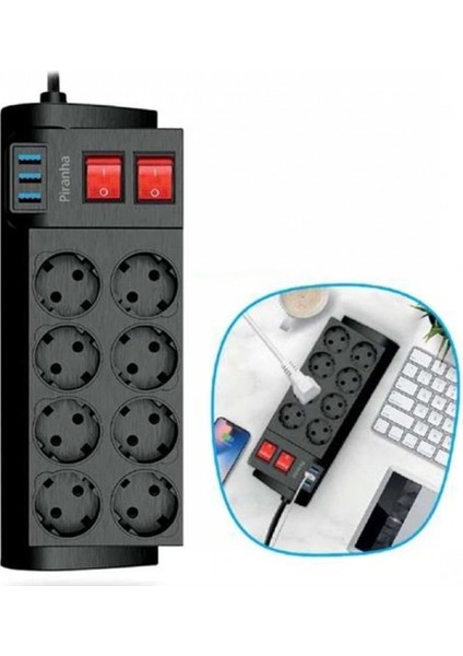 Isıya Dayanıklı Termal Akım Korumalı 2 Metre 16A 4000W 8li Priz ve 3 USB Li Uzatma Kablosu (4887)