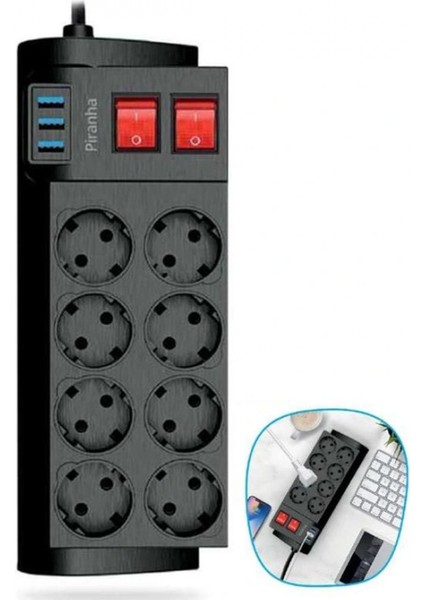 Isıya Dayanıklı Termal Akım Korumalı 2 Metre 16A 4000W 8li Priz ve 3 USB Li Uzatma Kablosu (4887) fırsatları