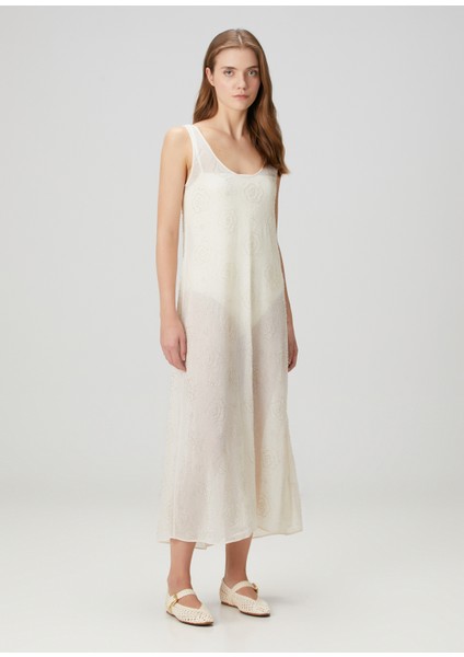 Ekru Işlemeli Midi Plaj Elbisesi