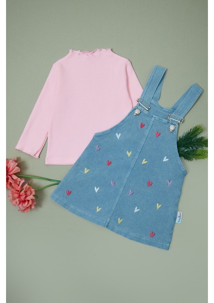%100 Pamuk Papatya Nakışlı Kız Çocuk 2 Li Salopet Takım