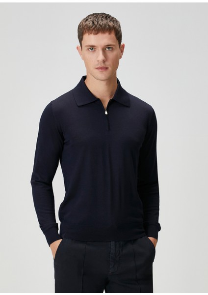 Lacivert Polo Yaka Yün Triko