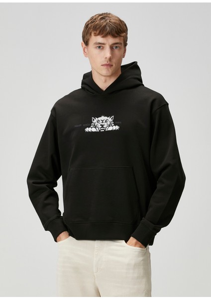 Siyah Kapüşonlu Logo Nakışlı Sweatshirt