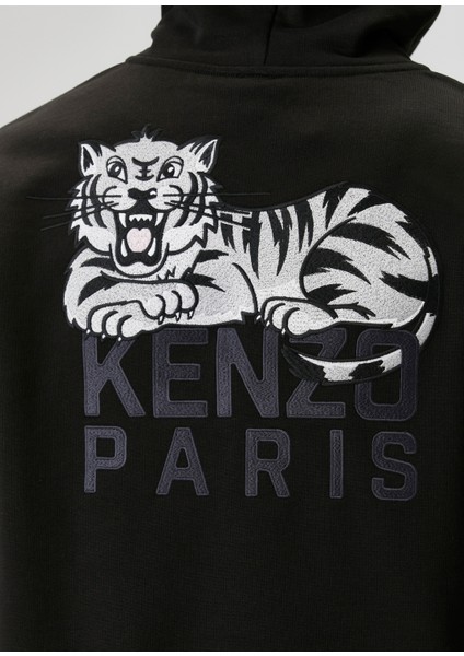Siyah Kapüşonlu Logo Nakışlı Sweatshirt