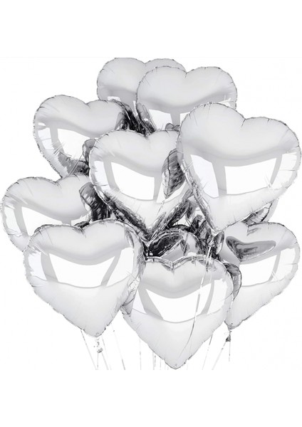 Metalize Parlak Gümüş Kalp Şekilli Uçan Balon Folyo 18 Inç 45 cm 10 Adet (4887)