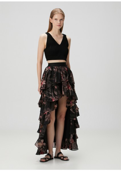 Cavarly Siyah Çiçekli Maksi Etek