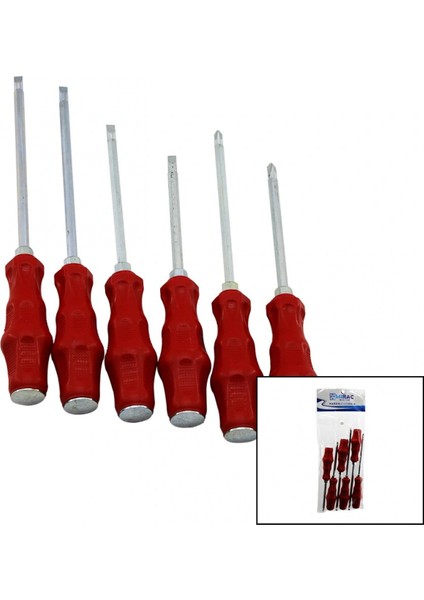 Pvc Ambalaj Kırmızı - Plastik Saplı Darbeli 6lı Set Çift Taraflı Tornavida Takımı (4887)