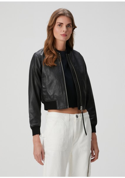 Orten Siyah Deri Bomber Ceket
