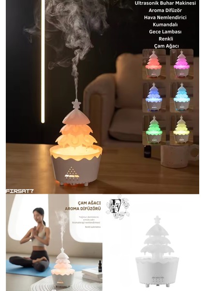Ultrasonik Çam Ağacı Hava Nemlendirici 250ML Aroma Difüzör 7 Ledli Buhar Makinesi Damlacık Kumandalı