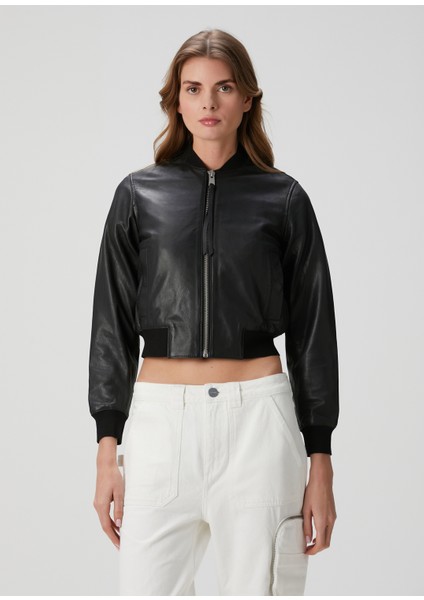 Orten Siyah Deri Bomber Ceket modelleri