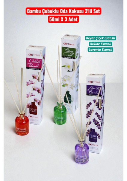 Bambu Çubuklu Oda Kokusu 3'lü Set | Lavanta, Orkide, Beyaz Çiçek - Doğal Esanslı | 50ML x 3 Adet