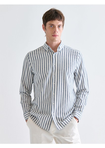 Yeni Sezon Regular Fit Çizgili Keten Görünümlü Erkek Gömlek