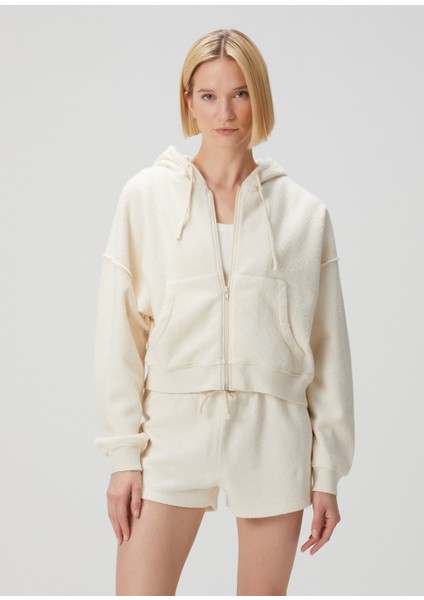 Ekru Kapüşonlu Fermuarlı Sweatshirt
