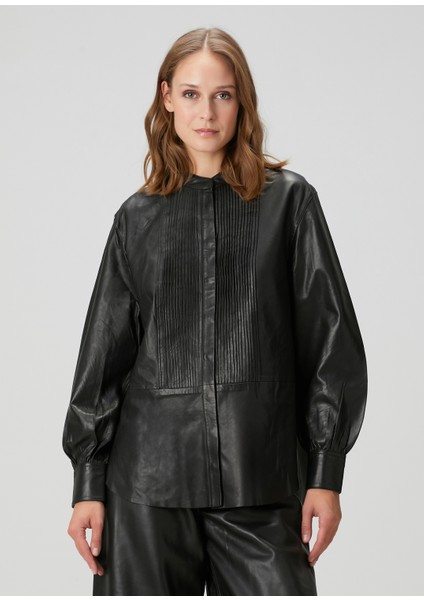 Sara Siyah Pileli Deri Gömlek modelleri