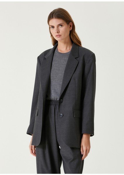 Koyu Gri Çizgili Yün Blazer