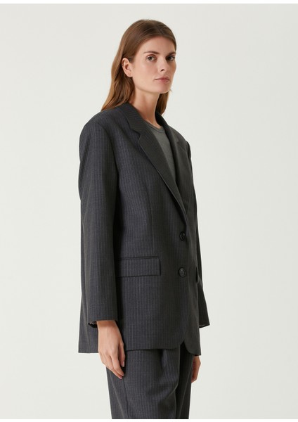 Koyu Gri Çizgili Yün Blazer modelleri