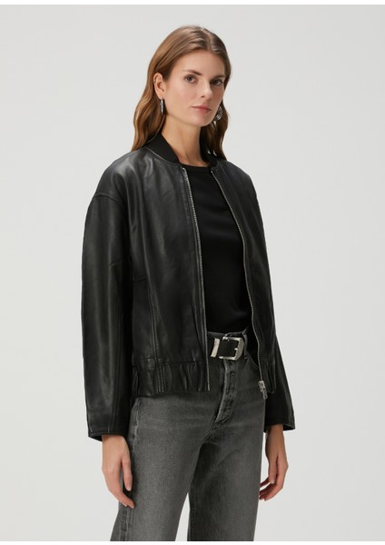Yara Relaxed Fit Siyah Deri Bomber Ceket