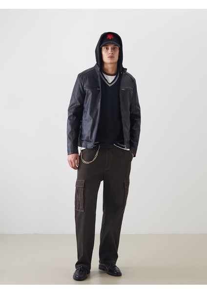 Yeni Sezon Slim Fit Kapüşonlu Erkek Deri Görünümlü Ceket fiyatları