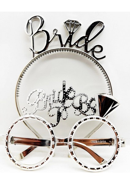 Bride Yazılı Taç ve Bride To Be Yazılı Gözlük Seti Gümüş Renk (4887)