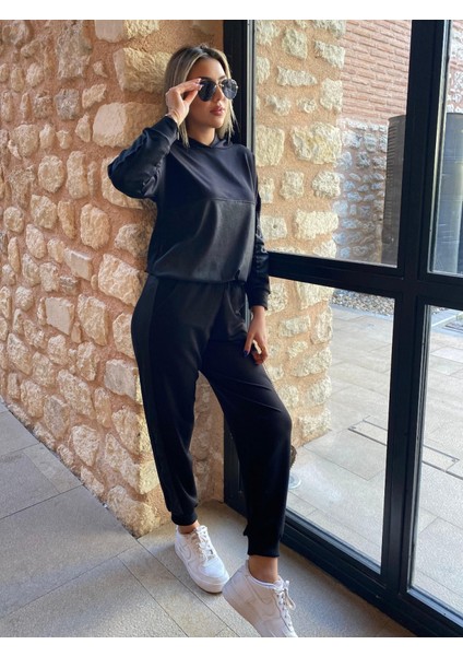 Kadın Uzun Kollu Kapşonlu Viskon Iki Iplik Bluz ve Pantolon Ikili Takım