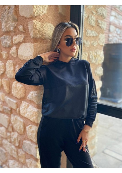 Kadın Uzun Kollu Kapşonlu Viskon Iki Iplik Bluz ve Pantolon Ikili Takım