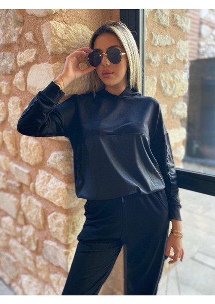 Kadın Uzun Kollu Kapşonlu Viskon Iki Iplik Bluz ve Pantolon Ikili Takım