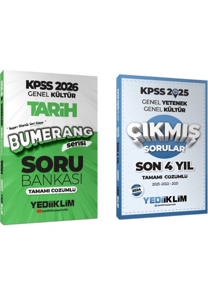 2026 KPSS Genel Kültür Bumerang Tarih Tamamı Çözümlü Soru Bankası ve Yediiklim Yayınları 2025 KPSS Genel Yetenek Genel Kültür Son 4 Yıl Tamamı Çözümlü Çıkmış Sorular
