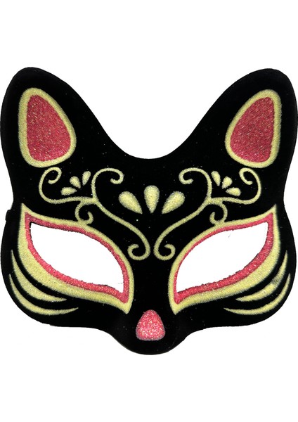 Siyah Renk Süet Kaplama Üzeri Kırmızı Sarı Simli Kedi Maskesi 17X14 cm (4887)