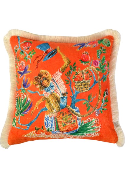 Maymun Desenli Turuncu Kadife Dekoratif Kırlent Kılıfı 45 x 45 cm