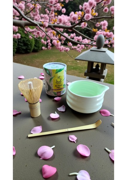 Ceremonial Grade Çayı ve Hazırlama seti. (Bambu Whisk, Seramik Kase, Bambu Kaşık ve Matcha) modelleri