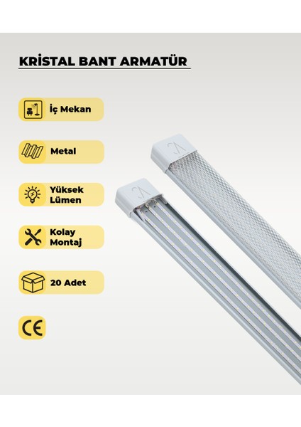 80W Beyaz Kristal LED Bant Armatür 6500K (Beyaz Işık) 20 Adet