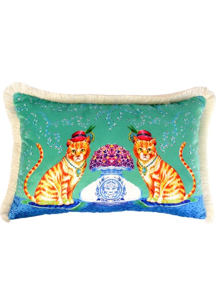 Kedi Desenli Su Yeşili Kadife Dekoratif Kırlent Kılıfı 40 x 60 cm