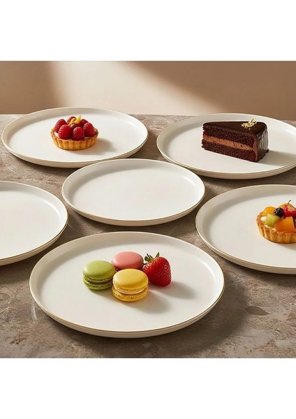 Bilbao Serisi Bone Porselen 21 cm Krem Altın Kenarlı 6'lı Pasta Tabağı Seti