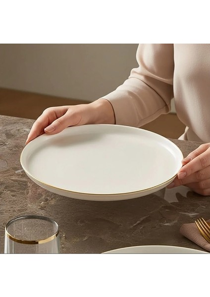 Bilbao Serisi Bone Porselen 21 cm Krem Altın Kenarlı 6'lı Pasta Tabağı Seti