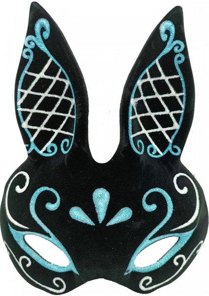 Siyah Renk Mavi Beyaz Simli Siyah Süet Kaplama Tavşan Maskesi 18X16 cm (4887)