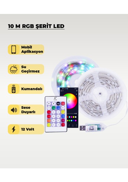 10 Metre Rgb Şerit LED - Kumanda ve Mobil Aplikasyon Kontrol- Su Geçirmez / Sese Duyarlı