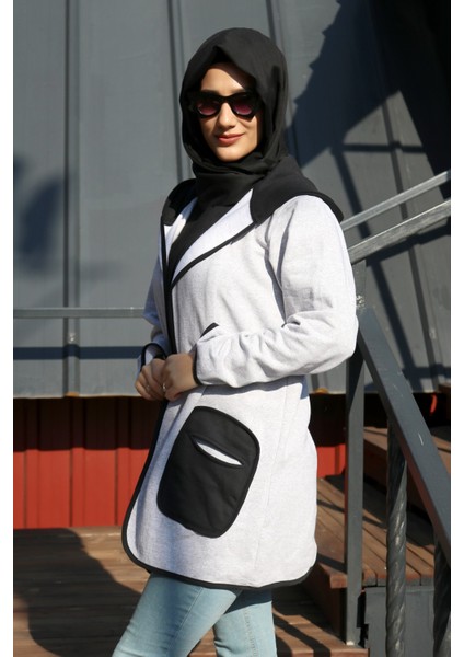 Sezonluk Kapüşonlu Cepli Kadın Uzun Tesettür Ceket