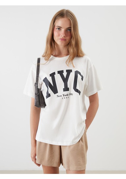 Yeni Sezon Bisiklet Yaka New York City Baskılı Kadın Tişört
