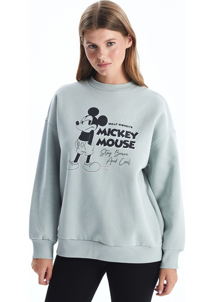 Yeni Sezon Bisiklet Yaka Mickey Mouse Baskılı Oversize Kadın Kalın Sweatshirt