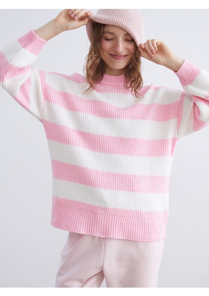 Yeni Sezon Bisiklet Yaka Çizgili Oversize Kadın Triko Kazak