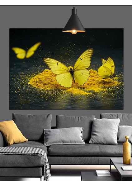 Parlak Sarı Kelebekler ve Çiçekler Dekoratif Kanvas - Mdf Ahşap Tablo