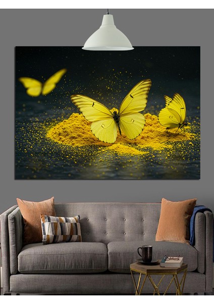 Parlak Sarı Kelebekler ve Çiçekler Dekoratif Kanvas - Mdf Ahşap Tablo fiyatları
