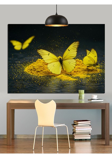 Parlak Sarı Kelebekler ve Çiçekler Dekoratif Kanvas - Mdf Ahşap Tablo modelleri