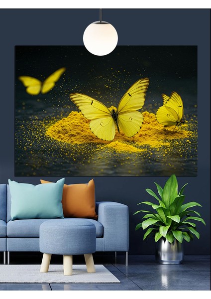 Parlak Sarı Kelebekler ve Çiçekler Dekoratif Kanvas - Mdf Ahşap Tablo fırsatları