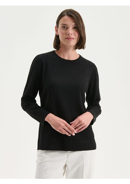 Yeni Sezon Bisiklet Yaka Taşlı Kadın Triko Kazak